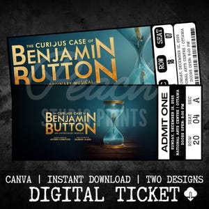 Könnte beinhalten: Zwei digitale Tickets für das Musical "The Curious Case of Benjamin Button". Die Tickets haben einen dunkelblauen Hintergrund mit goldenem Text und einer Sanduhrgrafik. Ein Ticket zeigt Datum, Uhrzeit, Sitzplatz- und Reiheninformationen.