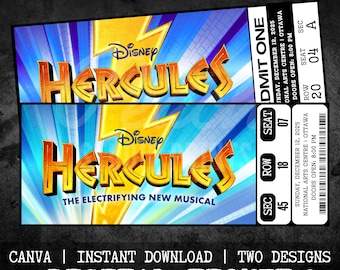 Biglietti stampabili per il musical teatrale Hercules, souvenir personalizzato, biglietti per il musical Hercules Broadway, souvenir del West End, modelli modificabili Canva