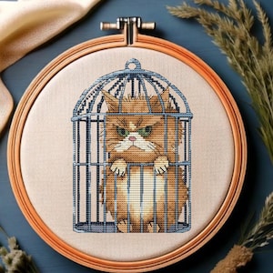 Very Dangerous Cat – Funny Cross Stitch Pattern PDF | Grumpy Cat in Cage | Hand-Drawn Digital Embroidery Chart | Instant Download