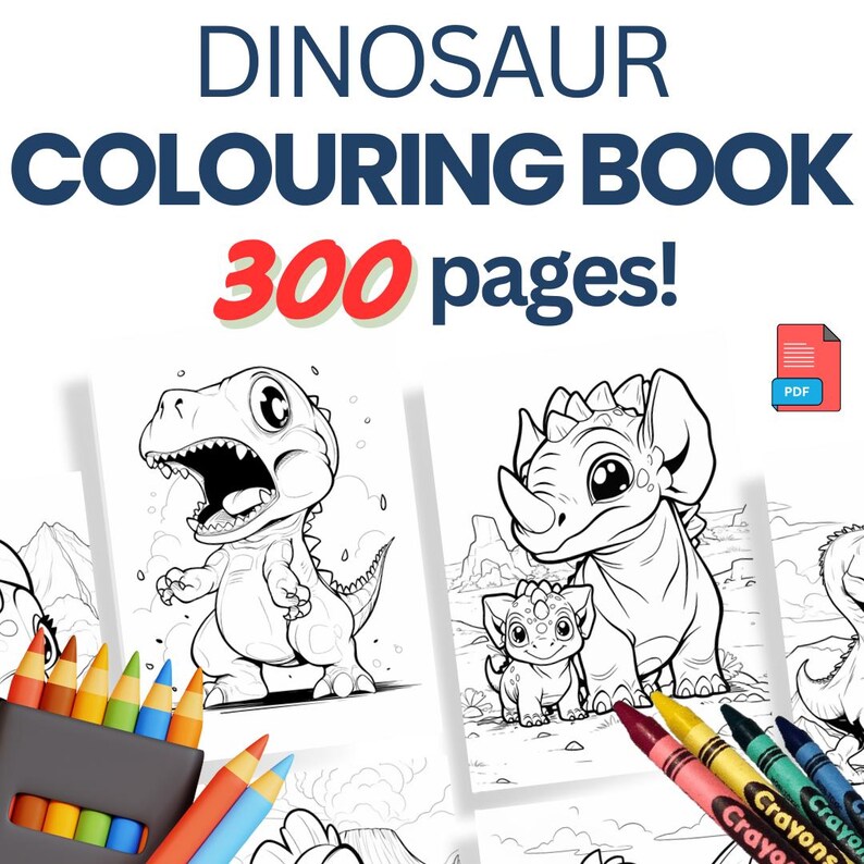 Cute Dinosaur Coloring Book for Kids | Printable PDF | Colouring - 300 ...
