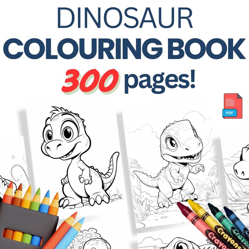 Cute Dinosaur Coloring Book for Kids | Printable PDF | Colouring - 300 ...