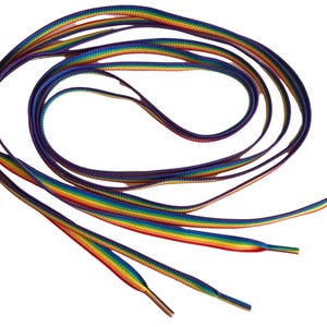 Könnte beinhalten: Ein Paar regenbogenfarbene Schnürsenkel mit einem lebendigen Farbspektrum aus Rot, Orange, Gelb, Grün, Blau und Lila. Die Schnürsenkel sind in einem geschlungenen Muster vor einem weißen Hintergrund angeordnet.