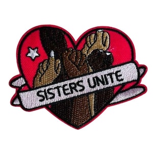 Patch Aufnäher „Sisters Unite“, Femininer Frauen Power Bügelpatch, Feminismus Aufnäher zum Aufnähen Aufbügeln, Starke Frauen feminine