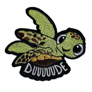 Patch Aufnäher Schildkröte Dude Duuuuude Nemo, Lustiger Tier Bügelpatch zum Aufnähen Aufbügeln Surfer Aufnäher für Jacke Tasche Festival
