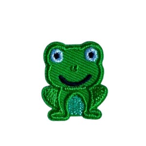 Könnte beinhalten: Ein grüner Froschaufnäher mit einem lächelnden Gesicht und blauen Augen. Der Frosch ist mit einem strukturierten Aussehen bestickt, und das Design ist vor einem weißen Hintergrund. Geeignet für Kleidung oder Accessoires.