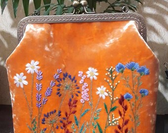 Bolso naranja, bolso bordado con flores silvestres, bolso de terciopelo, bolso con cierre de beso, bolso de mano estilo vintage, bolso de noche, bolso vintage