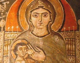 Koptisch fresco van de zogende maagd, 10e eeuw | Handgemaakt orthodox icoon