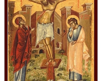 Può includere: Un'icona religiosa che rappresenta la crocifissione di Gesù Cristo. L'icona è dipinta in uno stile bizantino tradizionale con sfondi dorati e colori vivaci. Gesù è raffigurato sulla croce con sangue che cola dalle sue ferite. Due figure, Maria e Giovanni, sono mostrate in piedi su entrambi i lati della croce. L'icona include il testo "I-N-B-I" e "EKYMHXY".