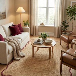 Op de afbeelding: Een woonkamer met een beige bank, bordeauxrode kussens en een gebreide deken. Een ronde houten salontafel staat op een jute vloerkleed met een geschulpte bordeauxrode rand. Twee leren fauteuils en een vloerlamp.
