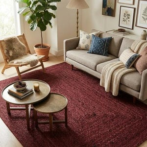 May include: A cozy living room scene featuring a deep red rug, a light gray sofa with patterned pillows, and two brass nesting coffee tables. A woven chair with a sheepskin throw and a potted plant add warmth.