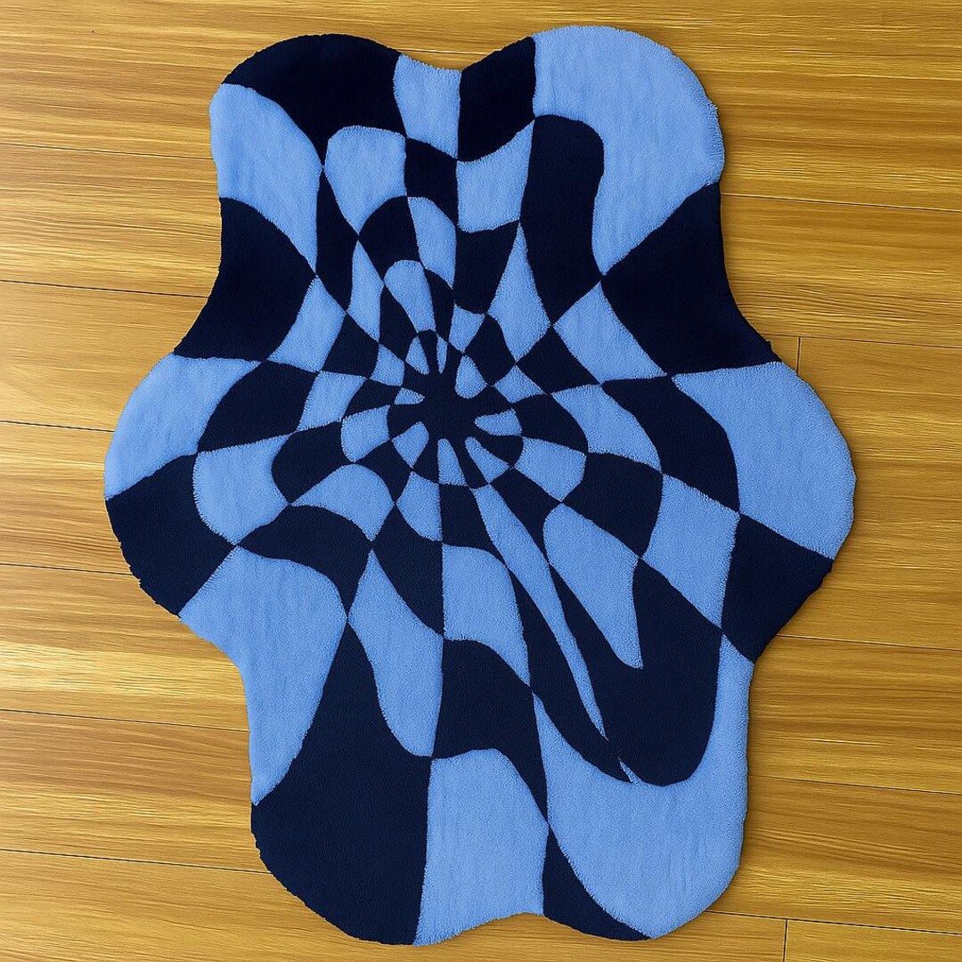 Handtufted Optical Illusion Rug Wavy Blue Abstract Wool Rug Home Decor ...