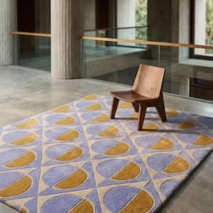 Hand-Tufted Wool Rug – Mid-Century Modern Geometric Periwinkle Mustard Area Rug