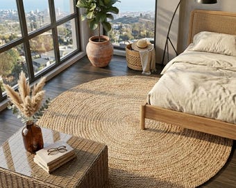 Handwoven Round Jute Rug, Braided Natural Fiber Farmhouse Carpet