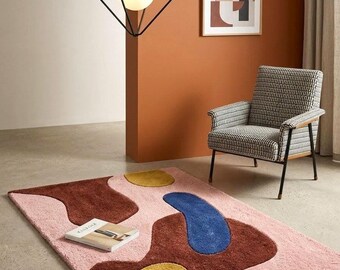 Hand Tufted Wool Rug – Abstract Organic Shape, Blush Pink, Burgundy, Gold, Modern Area Carpet