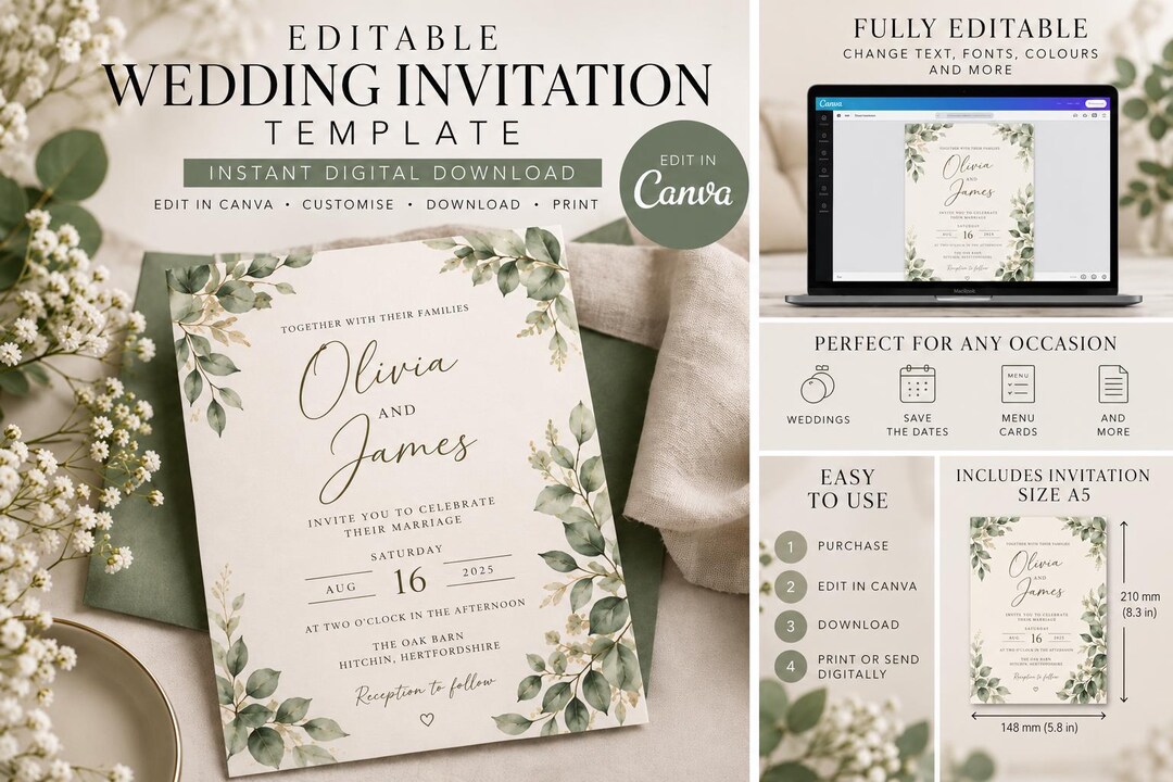 Editable Wedding Invitation Template, Sage Green Canva Invitation ...
