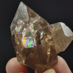 Puede incluir: Primer plano de dos cristales de cuarzo ahumado. El cristal más grande tiene una punta y muestra una iridiscencia de arcoíris. Los cristales son de color marrón translúcido y tienen una textura rugosa y natural. El fondo es de color oscuro y sólido.