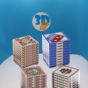 May include: Four miniature pizza boxes with different branding, including Pizza, Domino's Pizza, and Pizza Hut. The boxes are white with red, green, and blue accents. The boxes are stacked on a white surface against a blue background.