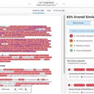 May include: A Turnitin similarity report interface displaying a document titled Kelly Roark William Shakespeare.docx. The screen shows an 82% overall similarity score with highlighted text segments in red, indicating matches found in seven external sources.