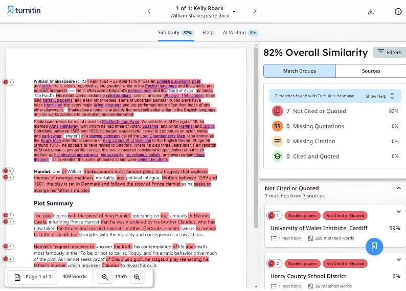 May include: A Turnitin similarity report interface displaying a document titled Kelly Roark William Shakespeare.docx. The screen shows an 82% overall similarity score with highlighted text segments in red, indicating matches found in seven external sources.