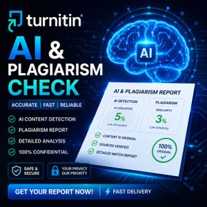 May include: A digital graphic for Turnitin AI & Plagiarism Check featuring a glowing blue brain icon, a report document showing 5% AI likelihood and 3% similarity, and text listing features like accurate, fast, reliable, and 100% confidential.