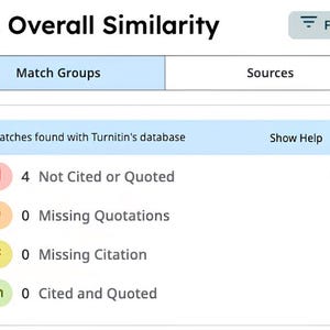 May include: A digital interface displaying 16% Overall Similarity with a filter button. It lists 4 matches found with Turnitin's database, showing 4 Not Cited or Quoted at 16%, 0 Missing Quotations at 0%, 0 Missing Citation at 0%, and 0 Cited and Quoted at 0%.