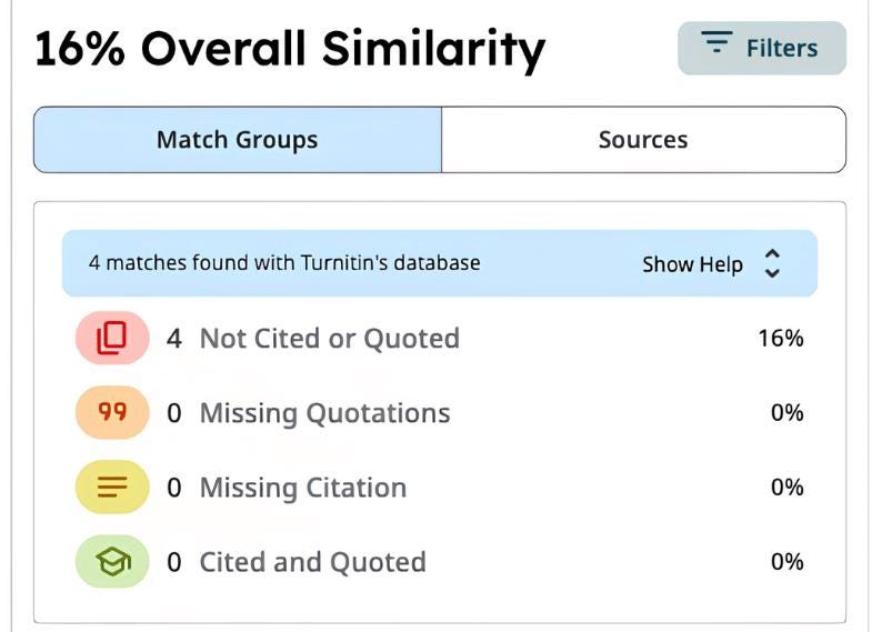 May include: A digital interface displaying 16% Overall Similarity with a filter button. It lists 4 matches found with Turnitin's database, showing 4 Not Cited or Quoted at 16%, 0 Missing Quotations at 0%, 0 Missing Citation at 0%, and 0 Cited and Quoted at 0%.