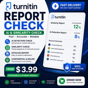 May include: A Turnitin report check advertisement featuring a digital document display with a 12% similarity score and 8% AI content score. The graphic includes text detailing AI detection, similarity checks, and a list of source websites.