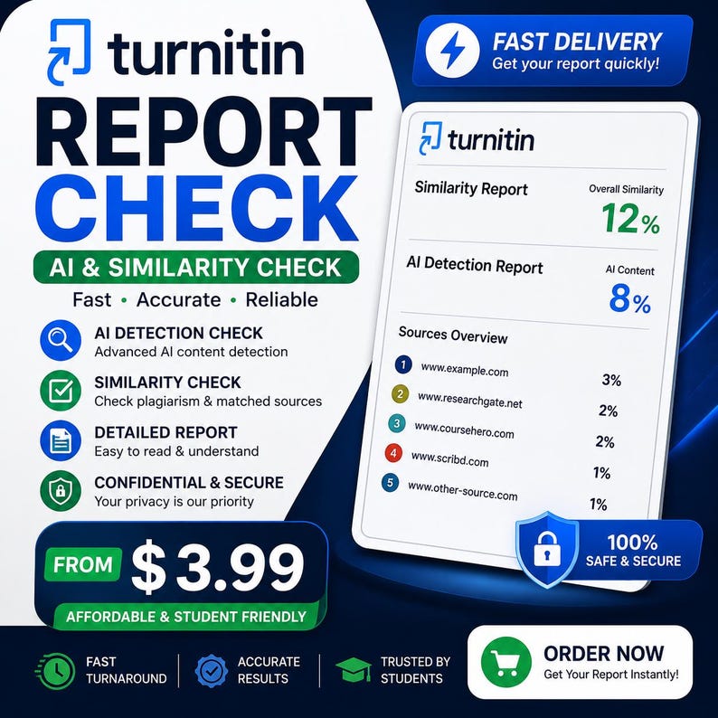 May include: A Turnitin report check advertisement featuring a digital document display with a 12% similarity score and 8% AI content score. The graphic includes text detailing AI detection, similarity checks, and a list of source websites.