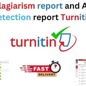 May include: A digital graphic featuring the text Plagiarism report and AI Detection report Turnitin in red and blue. The Turnitin logo is displayed with a green checkmark. Below, a Fast Delivery icon with a clock and a 13% match report.