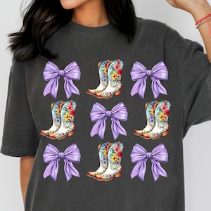 Coquette floral boots and purple bows PNG, Coastal Cowgirl png, Western coquette png, Trendy Floral shirt png, Western Sublimation