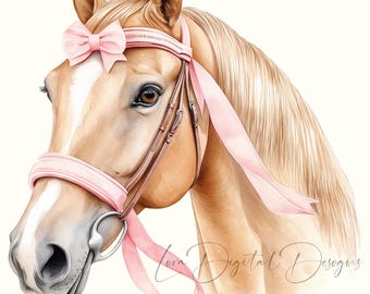 Pink coquette bow horse Clipart, Printable Watercolor clipart, High Quality PNGs, Digital download, Sublimation, Junk journals, Stickers