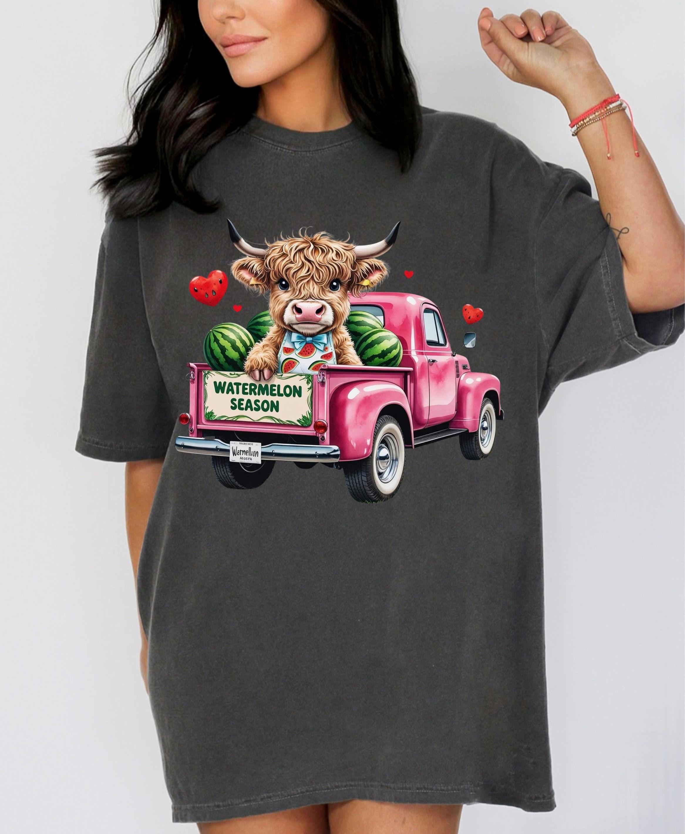 Watermelon pink pick up truck png, Cute highland Cow and Watermelons Summer Png, Retro Summer Png, Summer Sublimation Design