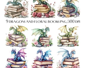 May include: Nine watercolor illustrations of dragons sitting on stacks of books with floral accents. The dragons are green, blue, and purple with wings and are in various poses. The books are old and have a vintage look. The flowers are pink, purple, and white.