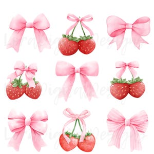 Può includere: Nove illustrazioni ad acquerello di fiocchi rosa e coppie di fragole rosse. Le fragole sono disegnate con foglie e steli verdi.