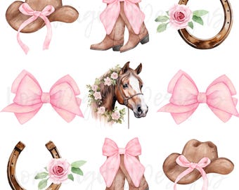 Western Cowgirl Clipart – Pink Bows, Cowboy Hats, Boots, Horse png, Horseshoes & Floral PNG – Cute Rodeo Country Graphic, Cowgirl shirt png