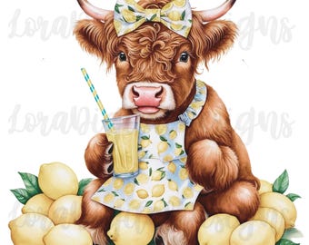 Highland Cow & Lemons PNG: Coquette Summer Clipart (Digital Download)