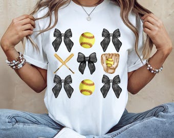 Softball Coquette PNG: Black Bows, Girly Design (Digital Download)