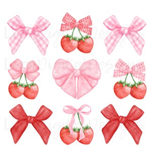 Puede incluir: Nueve ilustraciones digitales de lazos rosas y rojos con fresas. Los lazos son de varios estilos, incluyendo vichy, satén y cinta. Las fresas son rojas y tienen hojas verdes.
