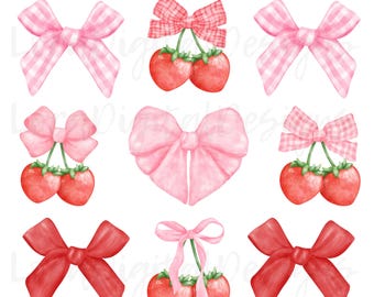 Coquette Pink Bows and Strawberries PNG- Digital, DTF, Pink Ribbon, Soft Girl Aesthetic, Girlie Shirt, Social Club, Ribbon, Digital Download