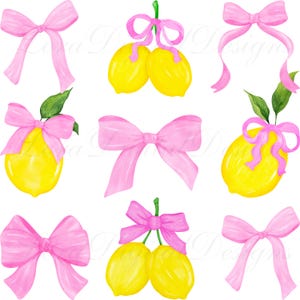 May include: Watercolor illustration featuring pink bows and yellow lemons. The image includes individual bows and lemons, some with leaves, tied with pink bows. The design is on a white background.