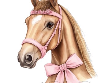 Pink coquette bow horse Clipart, Printable Watercolor clipart, High Quality PNGs, Digital download, Sublimation, Junk journals, Stickers