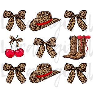 Peut inclure: Ensemble de neuf images clipart numériques avec un motif léopard. L'ensemble comprend deux paires de nœuds, deux chapeaux de cow-boy, une paire de bottes de cow-boy et deux cerises.