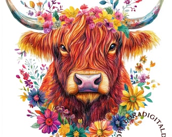Floral Highland Cow Png, Floral Png, Cow Png, Digital Download, Cow Lover Png, Highland Cow Png, Cute Cow Png, Flowers png