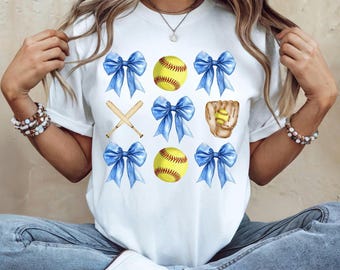 Softball Coquette PNG: Blaue Schleifen, Preppy Collage (Digitales Design)