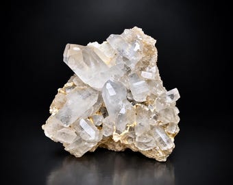 May include: A cluster of clear, translucent quartz crystals growing from a textured, light beige mineral matrix. The specimen features multiple sharp, pointed terminations of varying sizes, with a natural, jagged formation and crystalline structure.