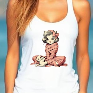Kawaii Ribbon Wrap Design Cute Anime Girl Funny Cat Tank Top, Women&#39;s Beach Tee, Cartoon Aesthetic Shirt, Cat Mom Shirt, Cat Lover Gifts