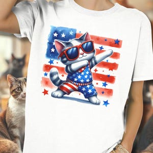 4 juli-grappige patriottische kat-onafhankelijkheidsdag shirt, kattenliefhebber cadeau, rode grappige deppende kat met zonnebril in sterren en strepen
