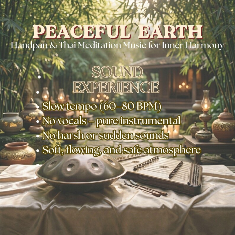 以下が含まれることがあります： 「PEACEFUL EARTH」のハンドパンとタイ瞑想音楽を宣伝する画像。画像には、ハンドパンとダルシマーがドレープされた表面に配置されています。テキストは、音楽のゆったりとしたテンポ、インストゥルメンタルな性質、穏やかな雰囲気を強調しています。