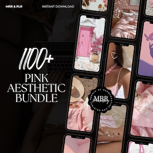 May include: A digital product bundle titled "100+ Pink Aesthetic Bundle" with various pink-themed images displayed on smartphones. The image includes a laptop and the text "Instant Download". The bundle features images of pink doors, accessories, and lifestyle scenes.
