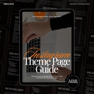 Peut inclure: Une tablette numérique affichant un guide sur la façon de gagner de l'argent avec les pages thématiques Instagram. Le guide est intitulé "Instagram Theme Page Guide" et comprend le texte "Ce guide détaillé étape par étape vous apprendra comment gagner de l'argent par mois avec les pages thématiques Instagram".